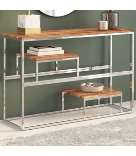 Mesa consola acero inoxidable plateado y madera maciza acacia