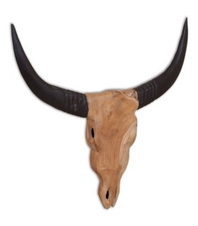 Escultura de cráneo de toro de pared de teca 69x6x60 cm