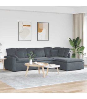 Sofá modular con reposapiés y cojines en terciopelo gris oscuro