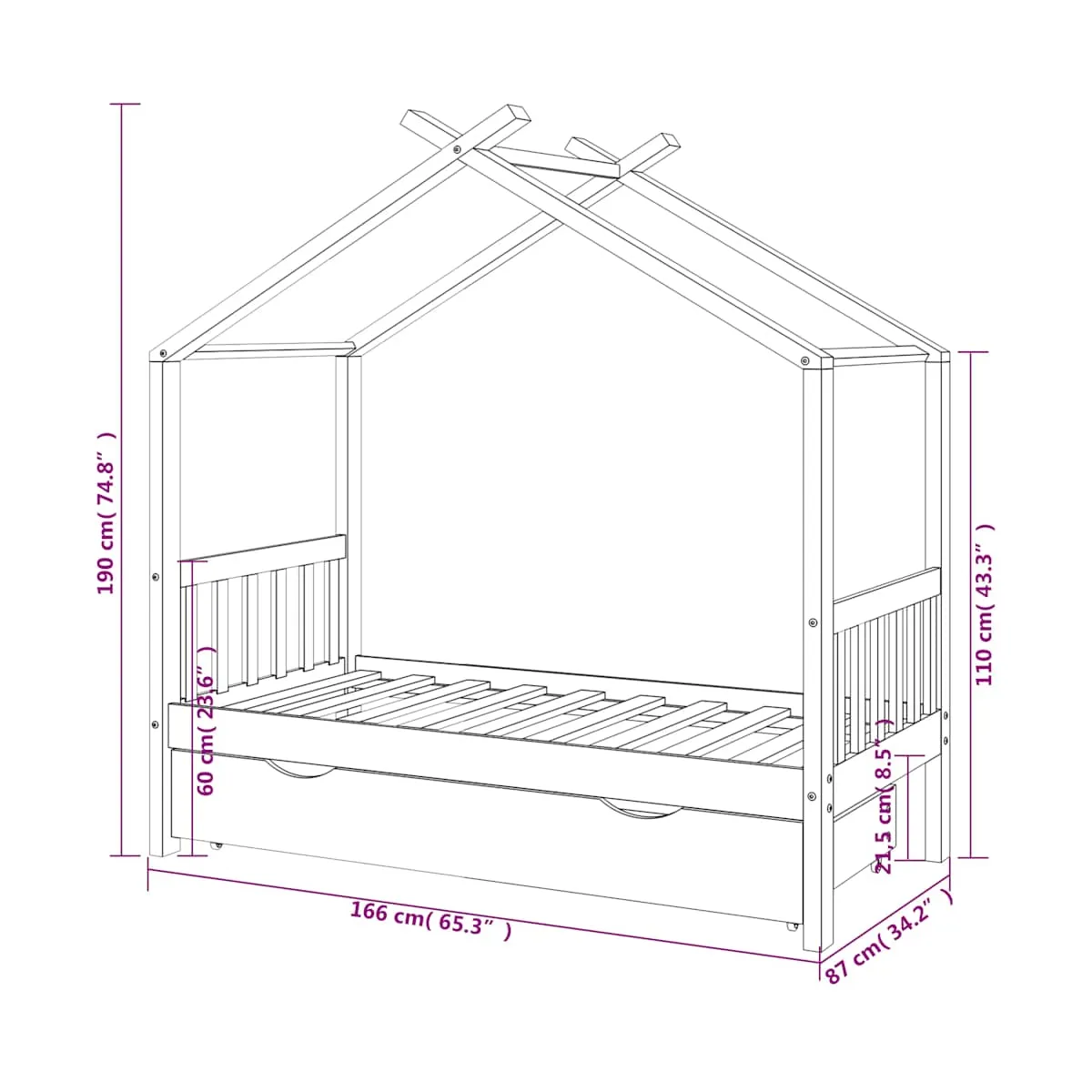 Estructura de cama infantil y cajón madera pino gris 80x160cm