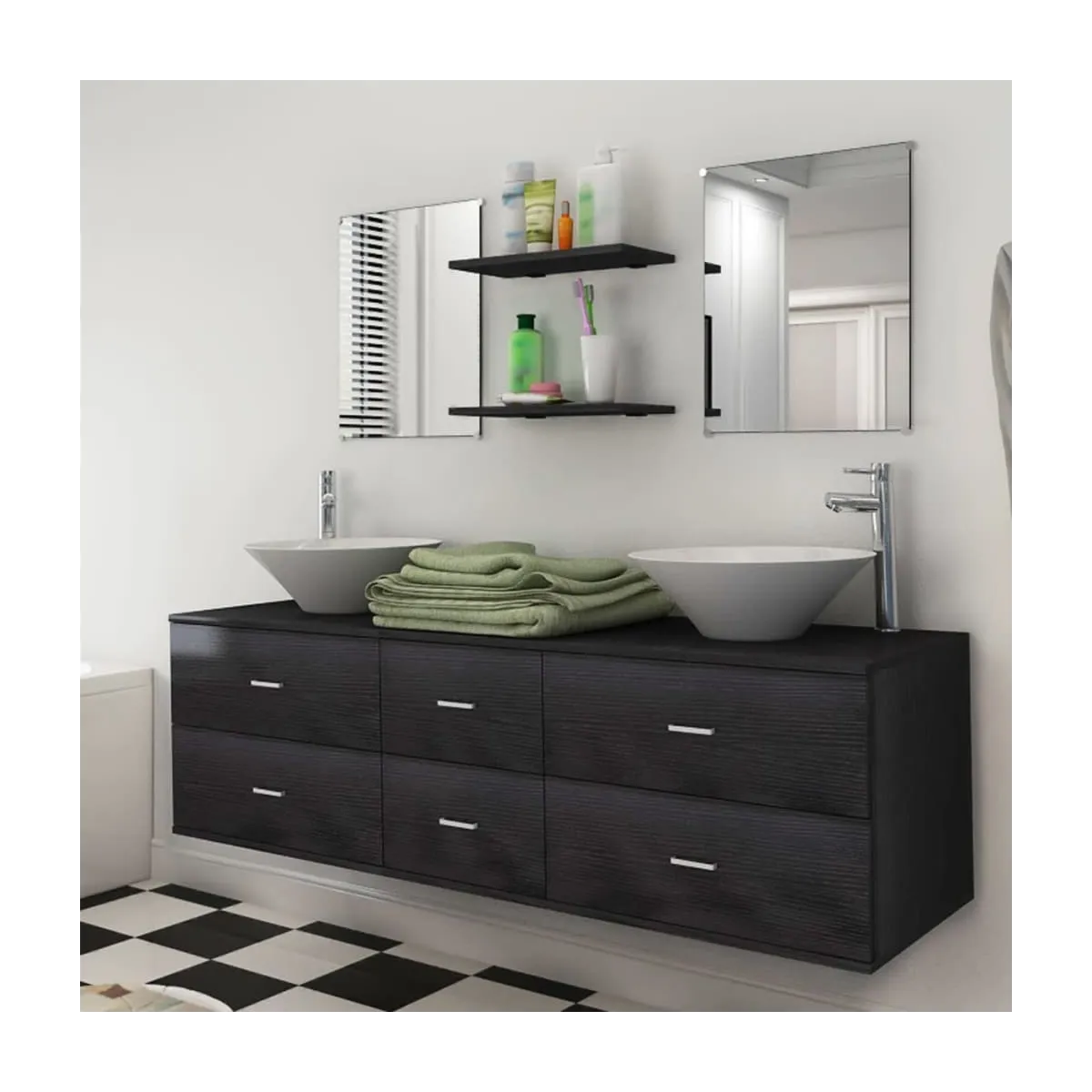 Conjunto de muebles de baño con lavabo y grifo 9 piezas negro