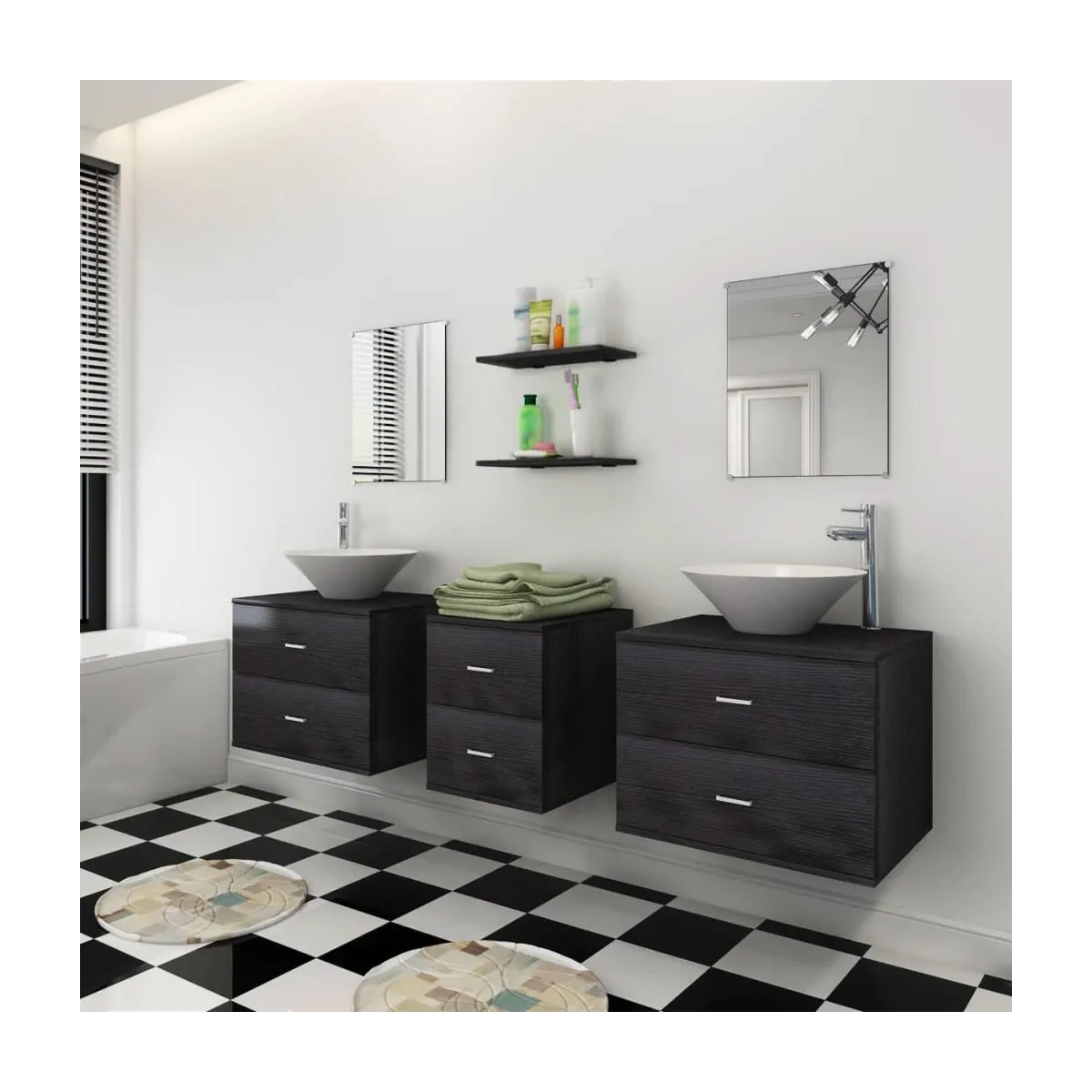 Conjunto de muebles de baño con lavabo y grifo 9 piezas negro