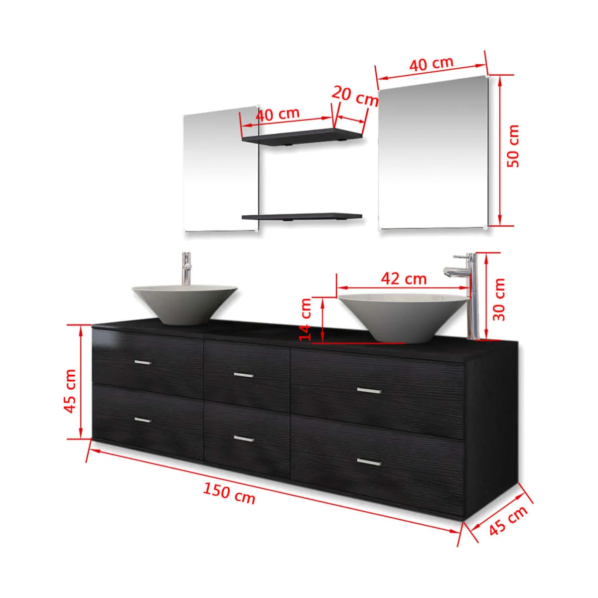 Conjunto de muebles de baño con lavabo y grifo 9 piezas negro