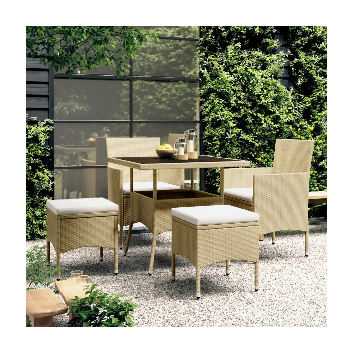 Juego de comedor para jardín de 5 piezas ratán sintético beige