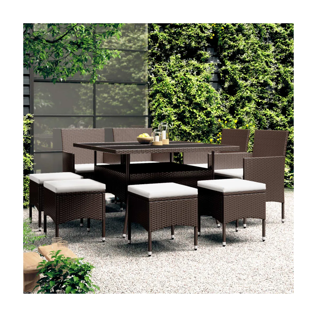 Juego de comedor jardín 9 piezas ratán marrón