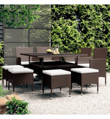 Juego de comedor jardín 9 piezas ratán marrón