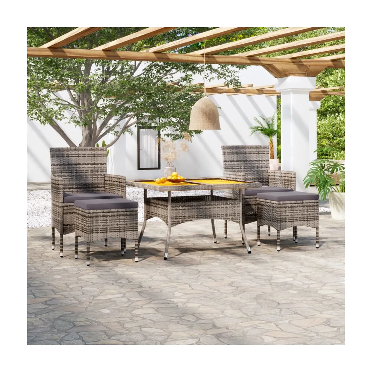 Set de comedor jardín 5 pzas, ratán sintético, gris