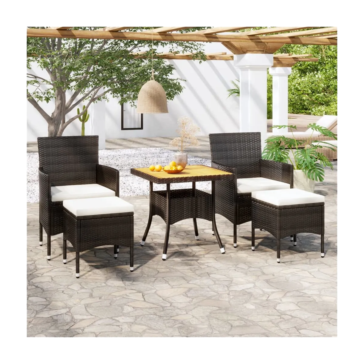Set comedor jardín ratán sintético y madera acacia negro