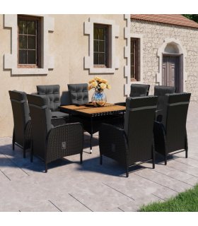 Set de comedor jardín ratán PE y madera acacia negro