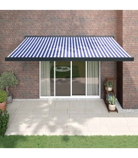 Toldo retráctil aluminio y tela azul y blanco 4,5x3 m