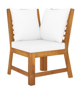 Sofá de esquina seccional madera maciza acacia y cojines crema