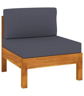 Sofá central de madera de acacia con cojines gris oscuro