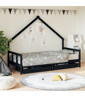 Estructura cama infantil y cajones madera pino negro 90x190 cm