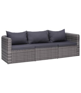 Set de sofás de jardín 3 piezas y cojines ratán sintético gris