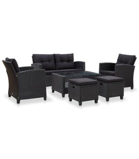 Set de sofás de jardín 6 piezas y cojines ratán sintético negro