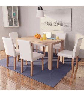 Juego de comedor de roble+cuero artificial 7 piezas color crema