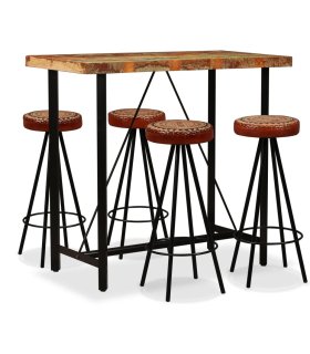 Mesa y 4 taburetes bar madera maciza reciclada cuero real lona