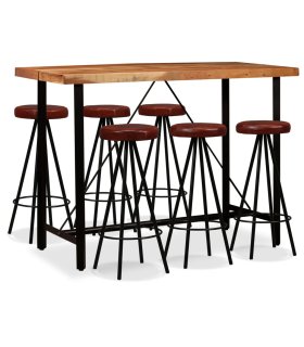 Set muebles de bar 7 pzas madera maciza acacia y cuero genuino