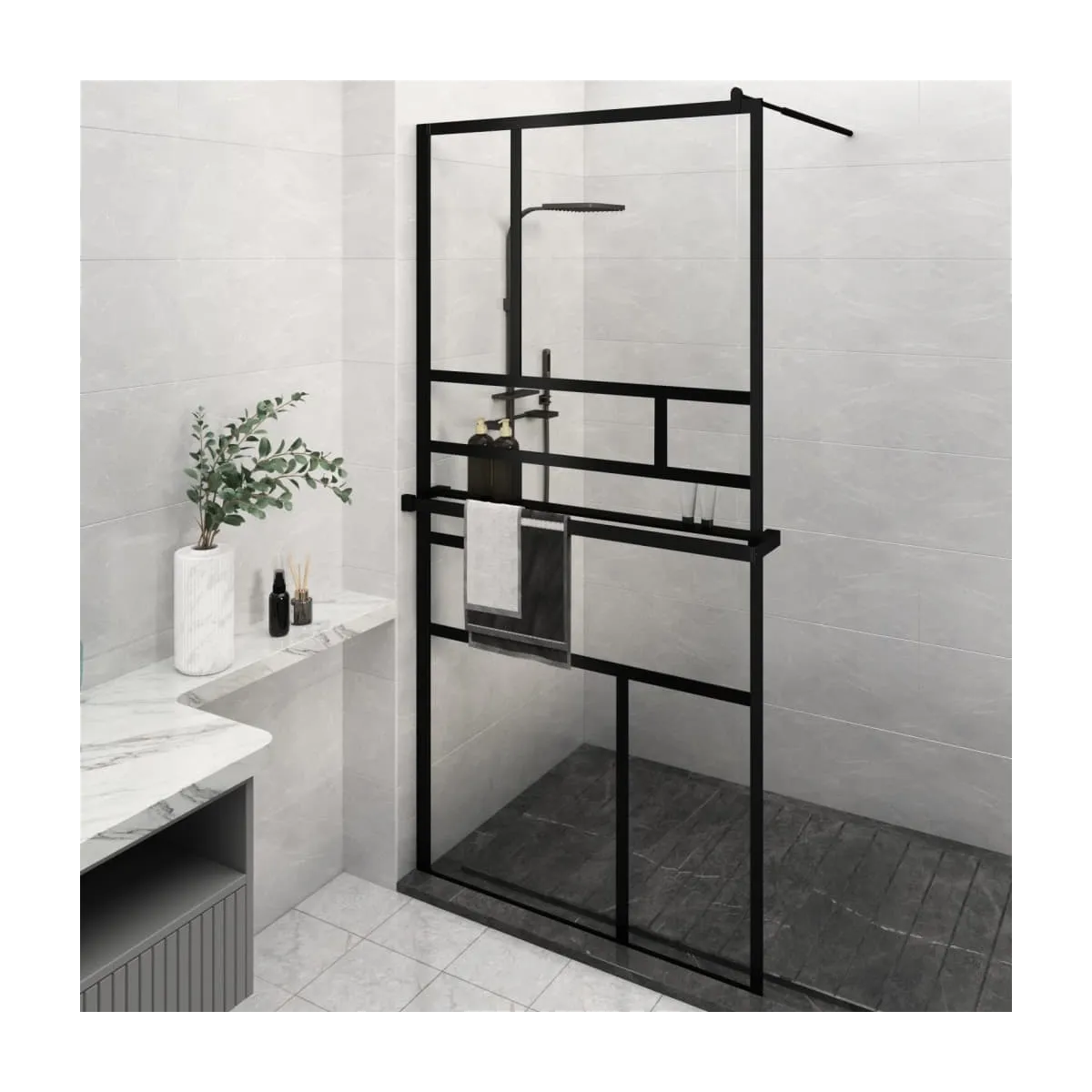 Mampara ducha con estante vidrio ESG y aluminio negro 115x195cm