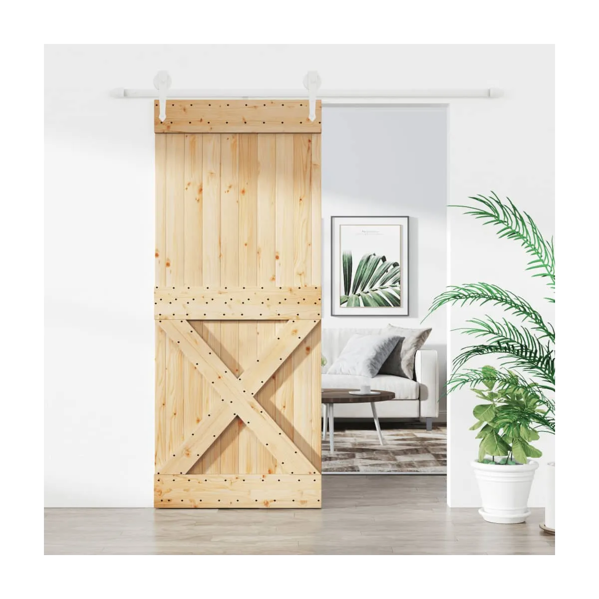 Puerta corredera con herrajes madera maciza de pino 100x210 cm