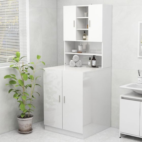 Armario de lavadora blanco brillante en baño