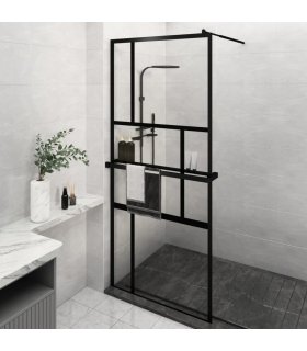 Mampara ducha con estante vidrio ESG y aluminio negro 90x195 cm