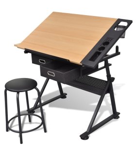 Mesa de dibujo inclinable con 2 cajones y taburete